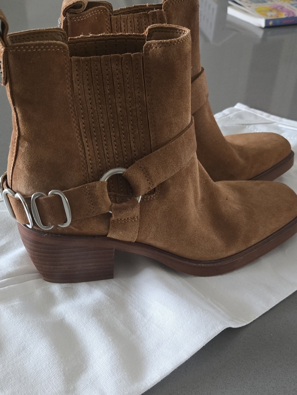 Sam Edelman Tan Suede Harness Booties with Metal Ring
